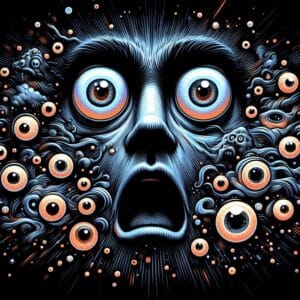 You open your eyes.... and everything is black 2 eyes wide open looking startled on a black background surrounded by other eyes