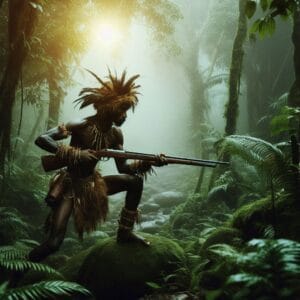 a tribal hunter stalking prey in the jungle