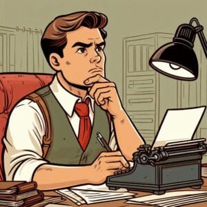 a writer at a desk thinking hard in a serious contemporary cartoon style