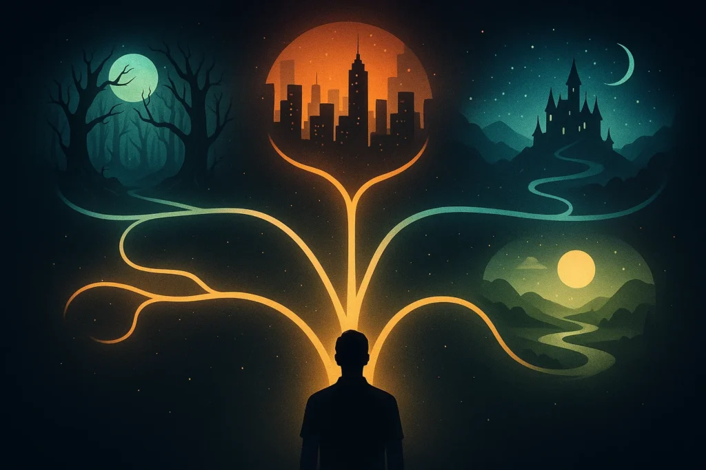 Silhouette stands before a vast, glowing narrative tree with branching paths leading to diverse landscapes like a haunted forest, dystopian city, and magical realm, all illuminated against a dark background.